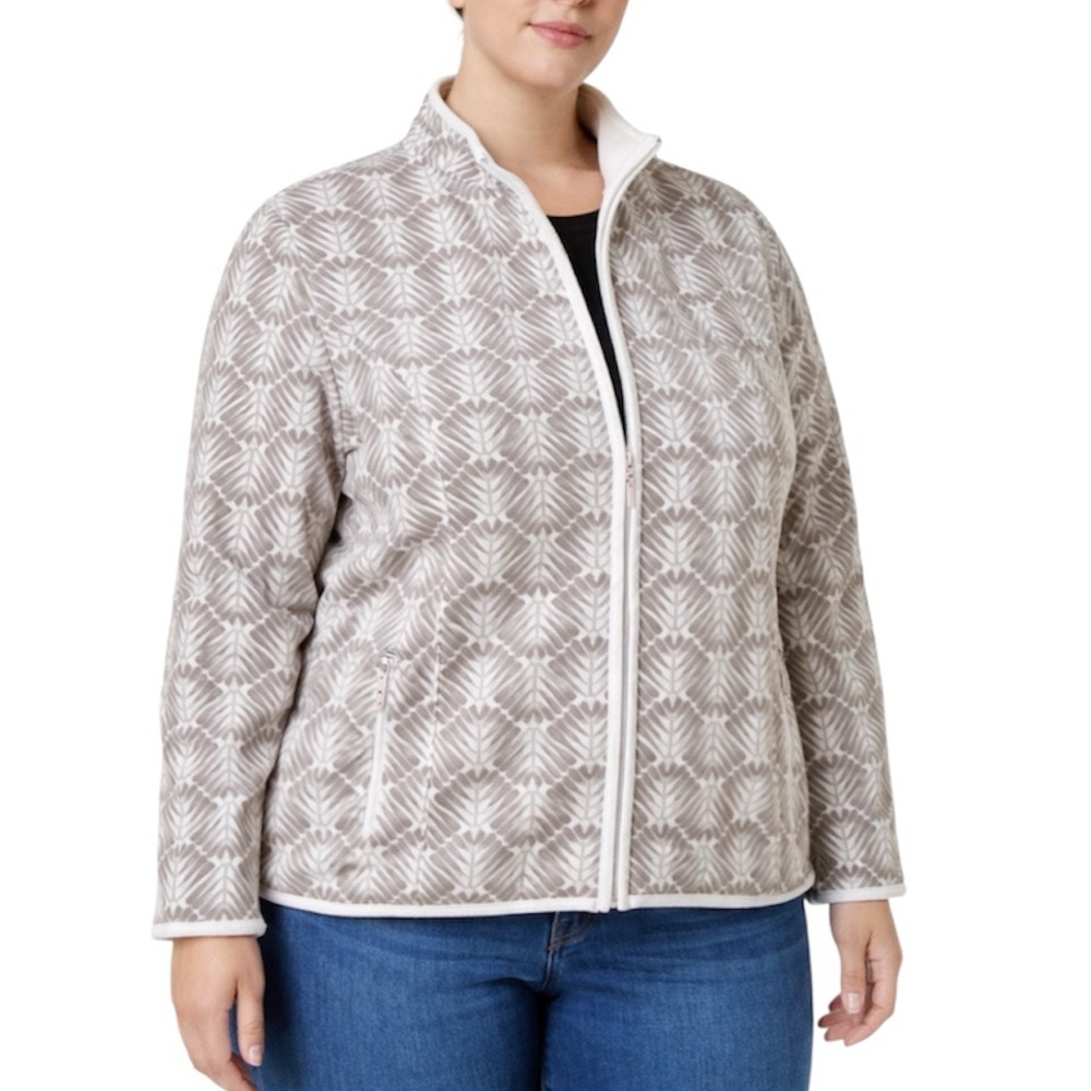Karen Scott Sport plus gray white fleece scallop print full zip jacket size 3X
